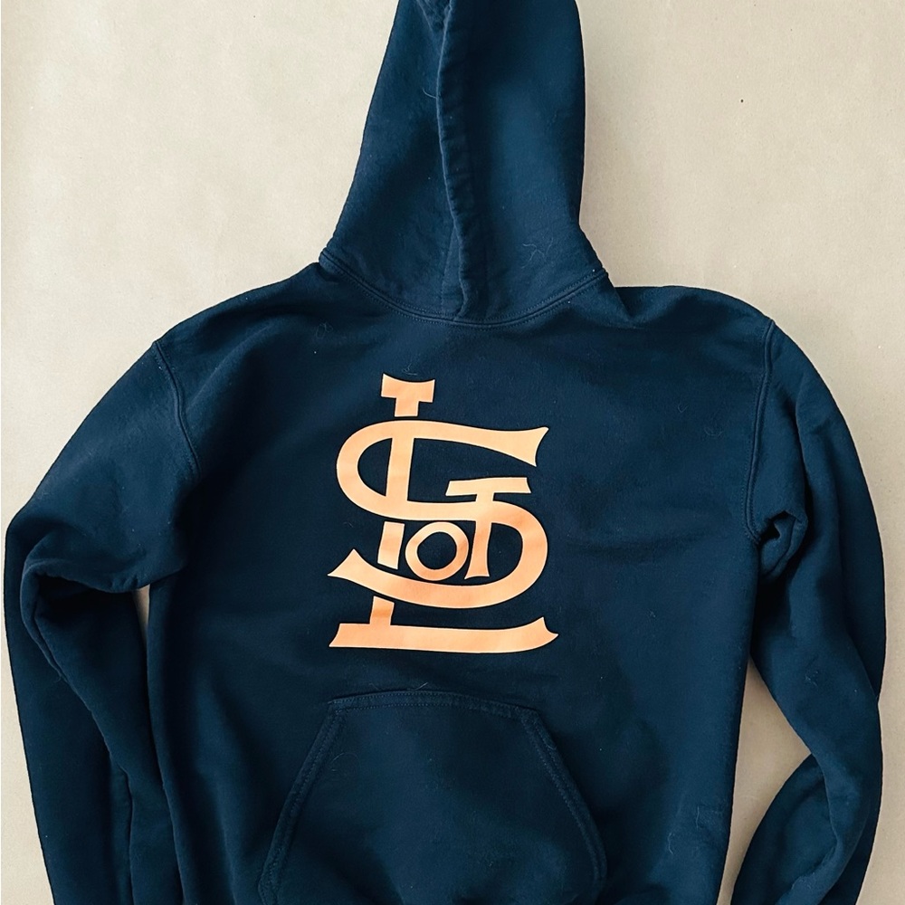Navy Hoodie with Large Peach Monogram Logo